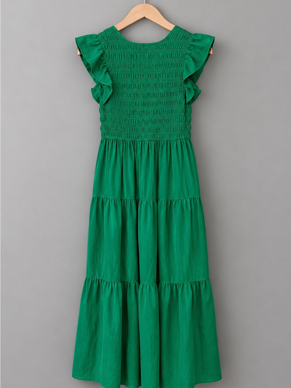 GiGiO Emerald Green Smocked Tiered Midi Dress Flutter Sleeve M - Picture 3 of 4